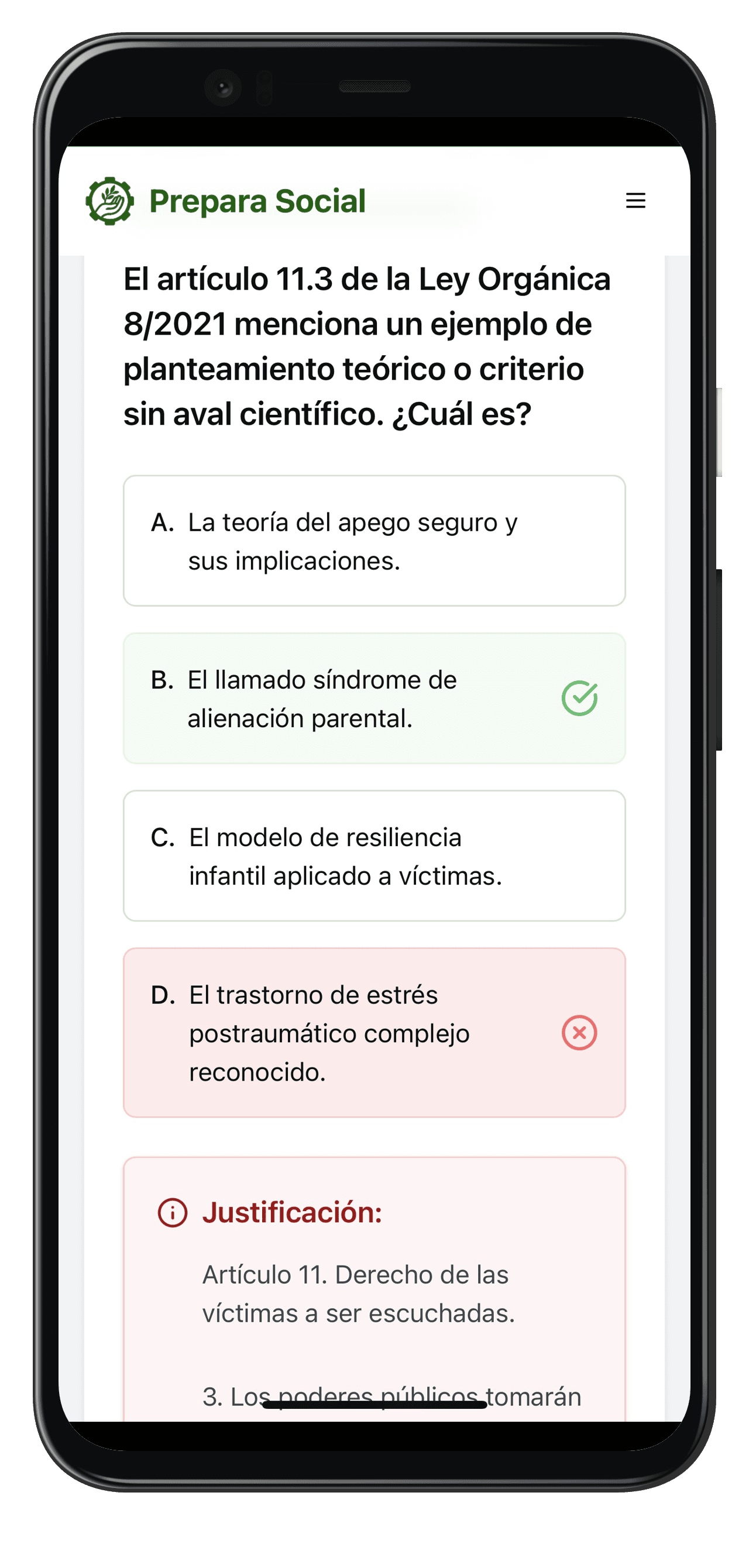 Vista de un test de Prepara Leyes en móvil